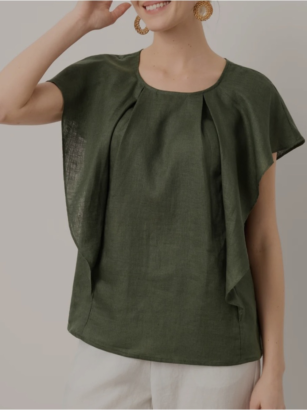 LINTICO-100% Linen Flutter Sleeve Sculpted Pleat Top DRUSILLA Olive XL
